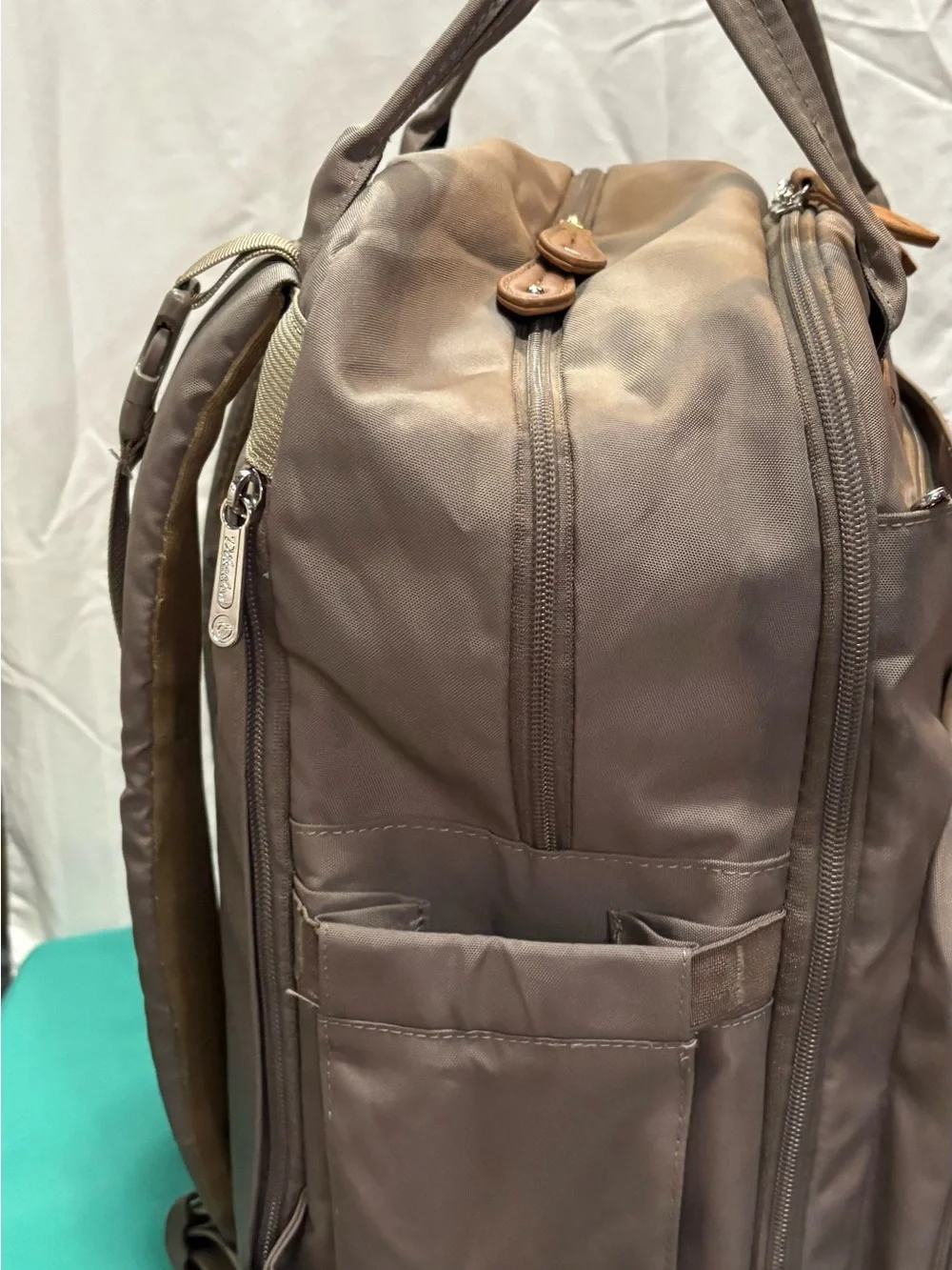 Diaper Backpack in Taupe with Tan Trim by